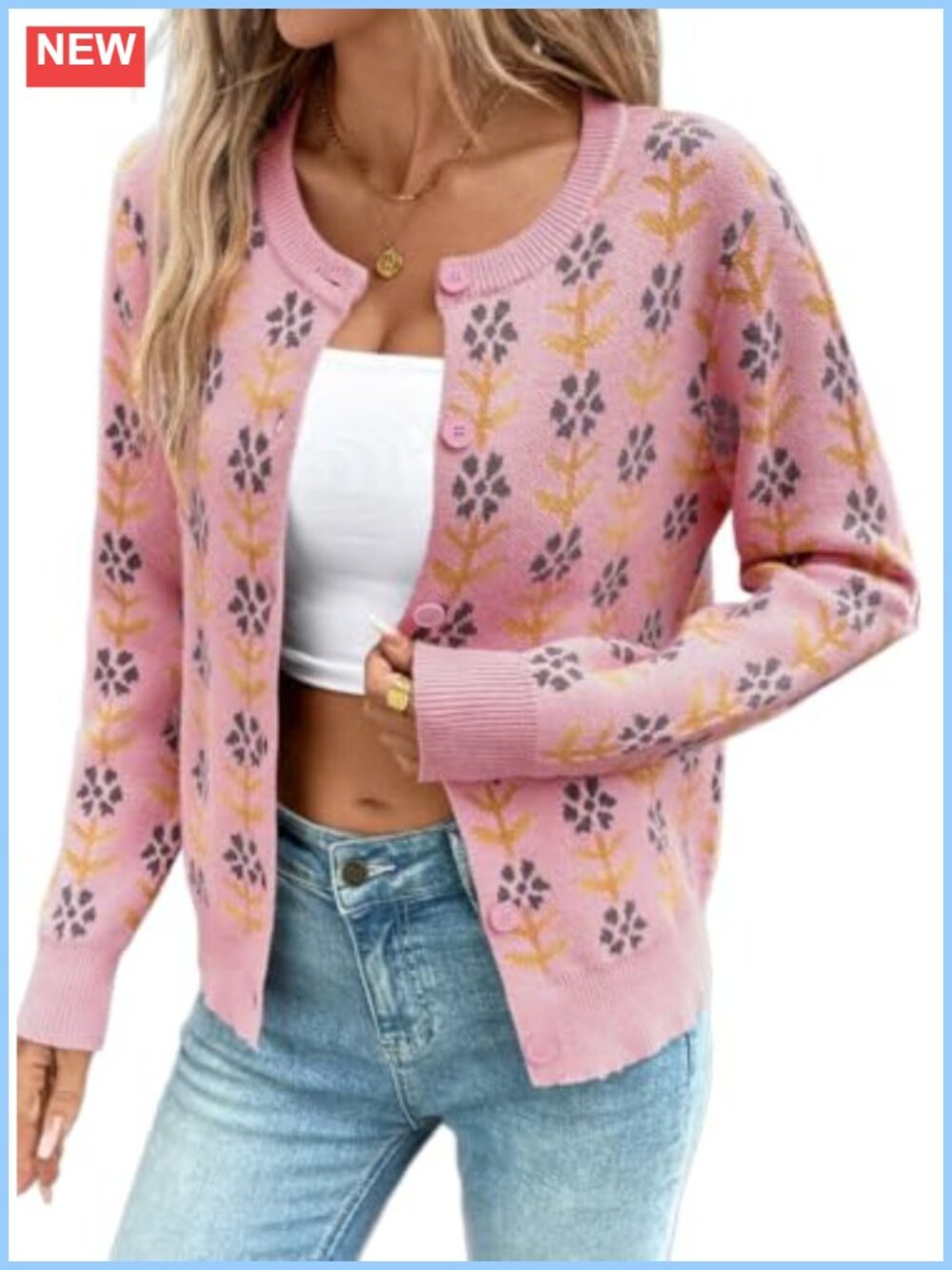 Knit Floral Print Cropped Cardigan Sweater Button Down Long Sleeve